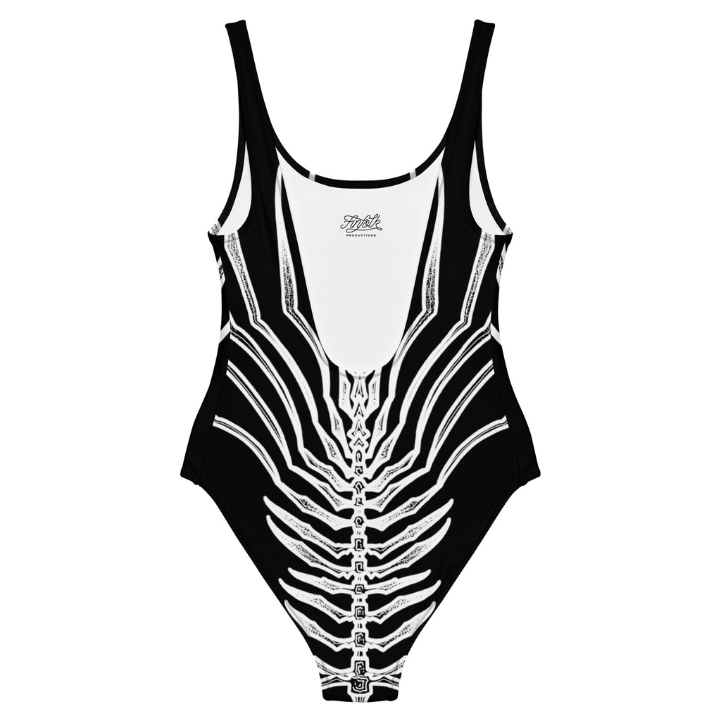 Product image for the back of a one-piece swimsuit featuring Finfolk's Dead Men Tell No Tails mermaid tail design.