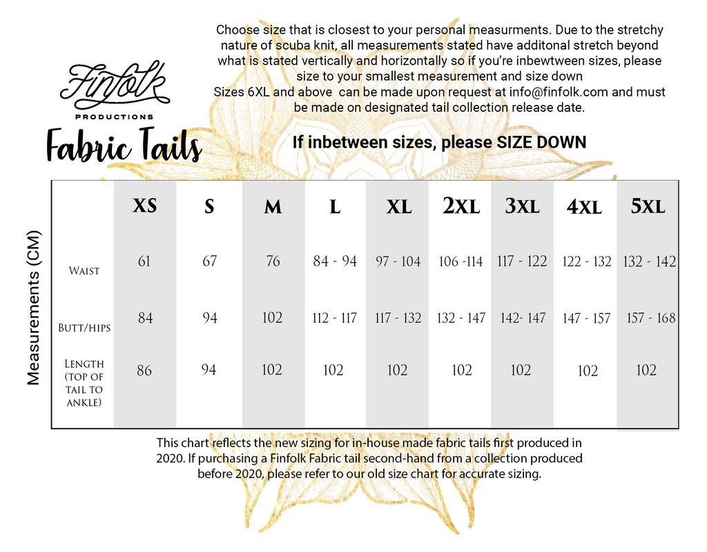 Discovery Fabric Tail size chart in CM