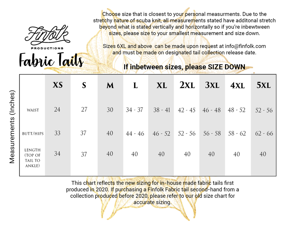 Discovery Fabric Tail size chart in inches