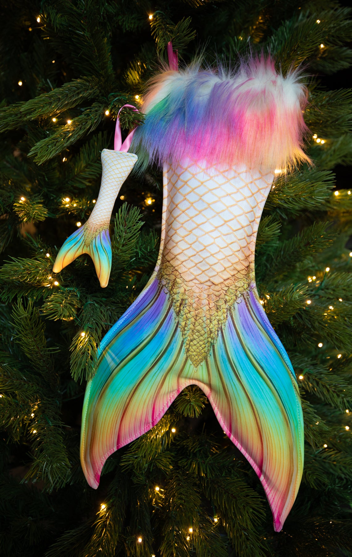 Pegasus Christmas Stocking (Rainbow fur) and Fabric Christmas Ornament