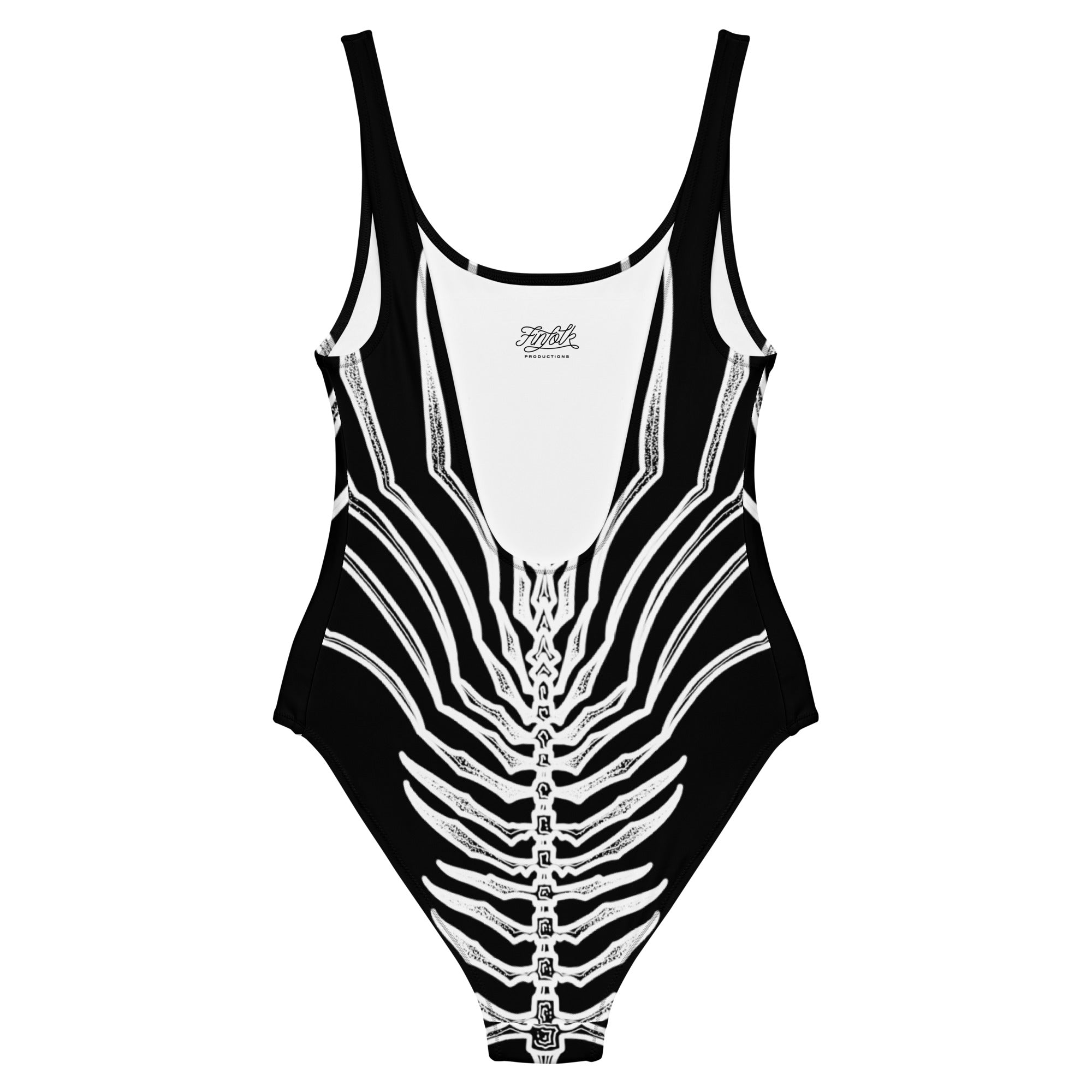 Product image for the back of a one-piece swimsuit featuring Finfolk's Dead Men Tell No Tails mermaid tail design.