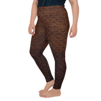 Plus size leggings with a mermaid tail scale pattern in shades of brown and black.